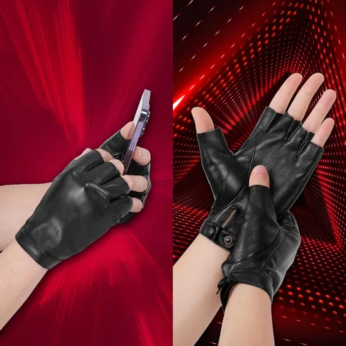 Vista 7 de OurHonor Guantes negros sin dedos para hombres y mujeres, guantes de cuero sintético de Halloween, medio dedo, para conducción, disfraz deportivo