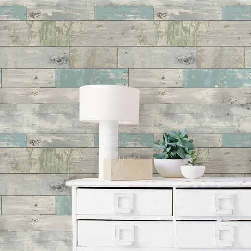 Vista 2 de NuWallpaper Beachwood - Papel tapiz autoadhesivo de madera envejecida multicolor extraíble para paredes, revestimiento de pared autoadhesivo