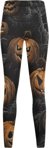 Vista 2 de AMDBEL Leggings de Halloween con bolsillos, cintura alta suave para Halloween, cabeza de calabaza, estampado de rayas, leggings delgados para yoga