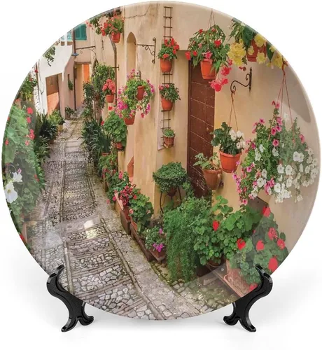 Vista 18 de Plato decorativo de 6 pulgadas, cerámica toscana, antigua calle italiana en pequeña ciudad provincial de Italia, placa de exhibición europea hecha a