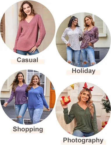 Vista 4 de BISHUIGE Camisetas de manga larga con botones para mujer, túnica Henley con cuello en V, sudadera casual
