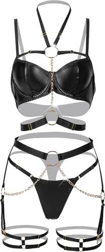 Vista 8 de ADSEXY Conjunto de lencería sexy de cuero con tiras de 5 piezas con aros y brasier push up, liguero, cadena, club nocturno, fiesta