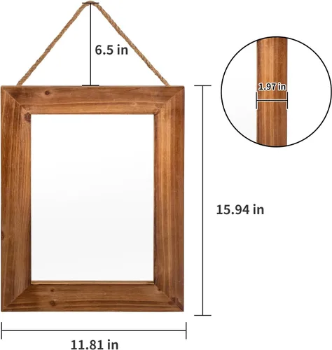 Vista 2 de OKSQW Espejo de pared de granja, espejo rectangular de madera rústica marrón, marco de madera decorativa de 16 x 12 pulgadas, con espejo y cuerda