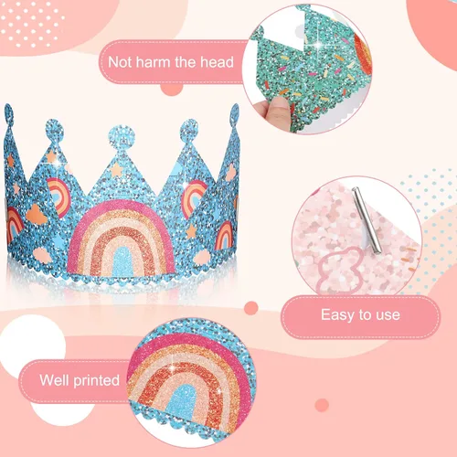 Vista 3 de Kathfly Sombreros de fiesta de cumpleaños arcoíris con corona de arco iris para cumpleaños de niños, eventos, suministros de fiesta temática de arco