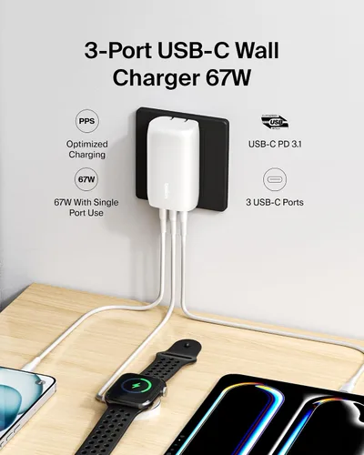 Vista 2 de Belkin Bloque de cargador USB C de 3 puertos de 67 W - PPS USB-C PD3.1 PPS carga súper rápida - Samsung Galaxy S26, Apple iPhone 17, Air, Pro