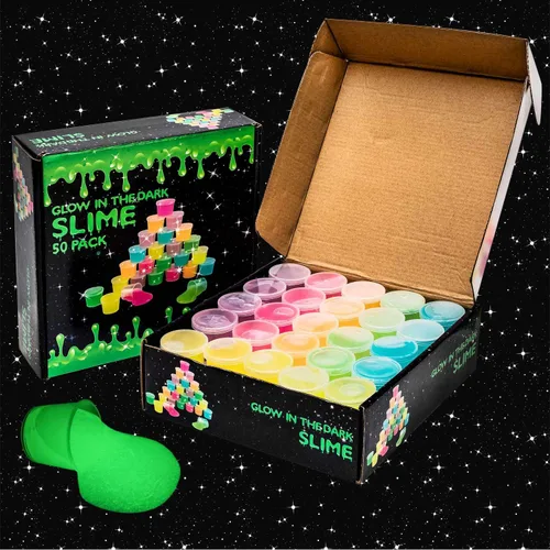 Vista 6 de Paquete de 50 slime de galaxia que brilla en la oscuridad, paquete de 50 unidades de slime de galaxia que brilla en la oscuridad, slime