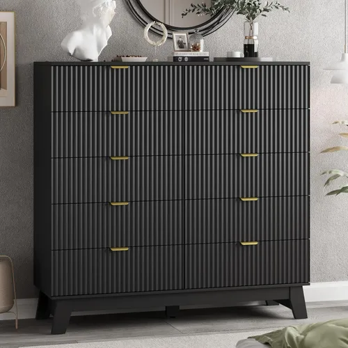 Vista 30 de Cómoda acanalada para dormitorio con 3 cajones, cómoda moderna de 24 pulgadas de ancho con mango de metal, soporte de TV de madera, armario de Negro