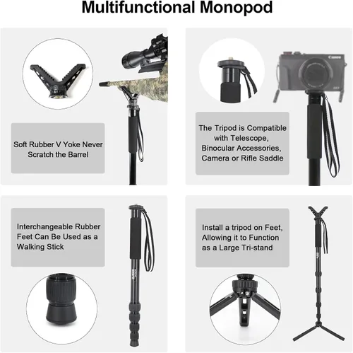 Vista 3 de BZTAC Palo de tiro táctico de aluminio de 5 secciones para caza, monopod, rifle de tiro con yugo en V extraíble de rotación de 360°, 18.9-62.3