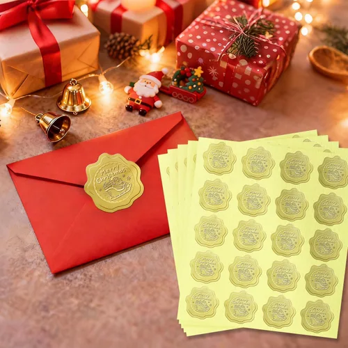 Vista 4 de 100 calcomanías de Feliz Navidad para sobres, sellos dorados de sobres de Navidad, calcomanías de lámina dorada para invitaciones de boda, tarjetas