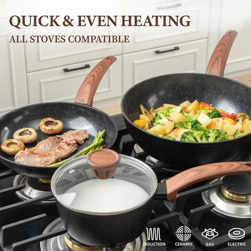 Vista 5 de 26 piezas de ollas y sartenes de cerámica antiadherentes, juego de utensilios de cocina no tóxico compatible con inducción con vaporeras, sin Negro