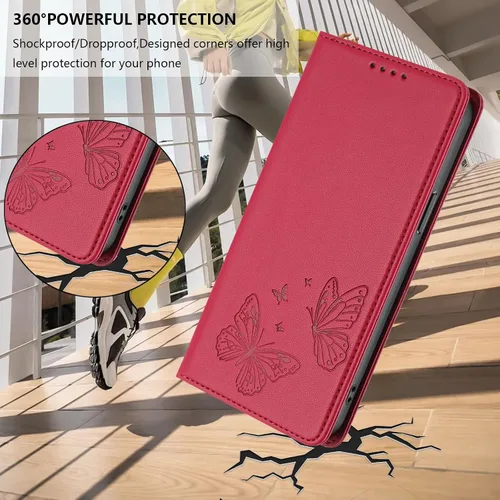 Vista 9 de Butterfly Embossed Leather Wallet Flip Case for Motorola Moto E22i 4G, Magnetic Closure, RFID Blocking Cover, Card Holder Red.