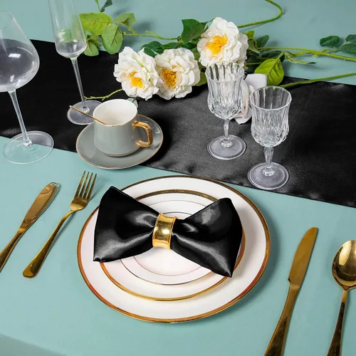 Vista 2 de Homiest Paquete de 4 decoraciones de mesa de satén, color negro, camino de mesa brillante para boda/cumpleaños, 12 x 108 pulgadas, camino