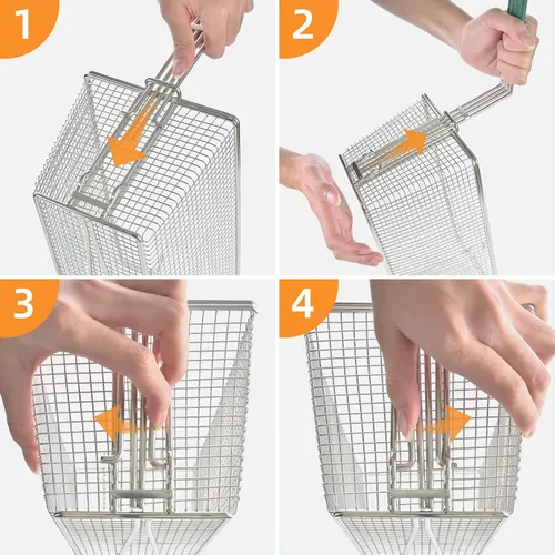 Vista 5 de Cesta para freidora profunda con ganchos frontales, mango antideslizante, cesta de 13.2 x 6.5 x 5.9 pulgadas, mango largo de 11.2 pulgadas, fácil