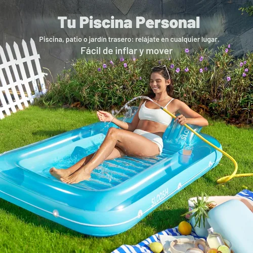 Vista 3 de SLOOSH Flotador inflable, camastro para adultos, con almohada, 178 x 117 cm, 4 en 1: balsa-tina bronceadora, camastro para tomar el sol, fiestas Azul