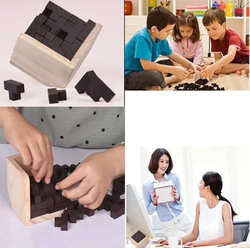 Vista 6 de Rompecabezas de madera para el cerebro de madera, rompecabezas de madera en forma de T, geométrico, intelectual, rompecabezas de cubo de lógica