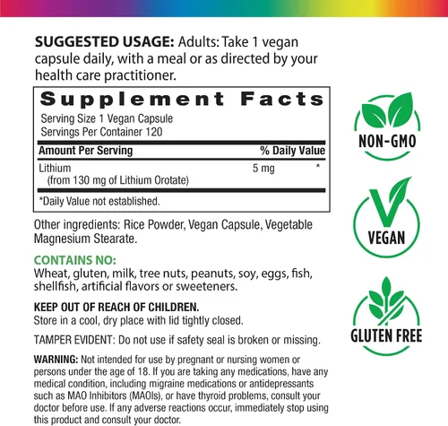 Vista 2 de Rainbow Light Suplemento de orotato de litio de 5 mg 120 cápsulas veganas oligoelemento biodisponible Sin OMG y sin gluten Bioavailable
