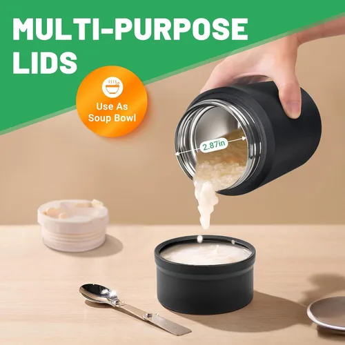 Vista 6 de Charcy Termo de 17oz para alimentos calientes, sopa termo contenedor de alimentos para lonchera con cuchara plegable ZB - Negro
