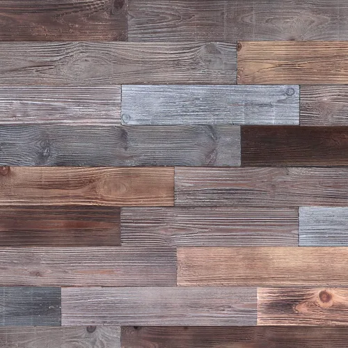 Vista 2 de Paneles de pared de madera para despegar y pegar, tablones macizos reales, madera rústica de granero recuperada, combinaciones de marrón y gris, 3