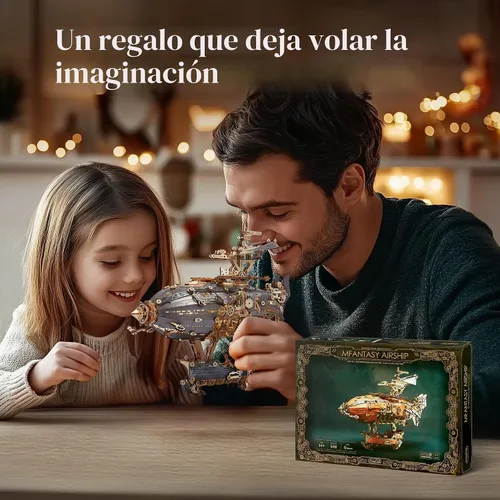 Vista 6 de FUNPOLA Rompecabezas de Madera LED 3D Modelo de Dirigible de Fantasía - Kit de Manualidades Steampunk DIY con Luces LED - Conjunto de Construcción