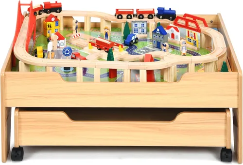 Vista 9 de HONEY JOY Mesa de tren, mesa de actividades de madera para niños con cajón de almacenamiento, 100 piezas multicolores, pistas, trenes, autos, juego
