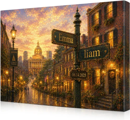Vista 19 de IPIC - Personalized Framed Canvas with Custom Street Sign in Boston Personalized Street Signs with Names, Custom Canvas Print, Boston Sunset