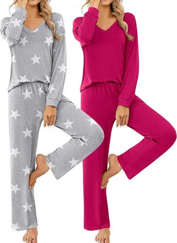 Vista 18 de Ekouaer Conjunto de 2 pijamas para mujer, pijamas de manga larga con camiseta y pantalones, cuello en V, pijamas suaves con bolsillos, ropa