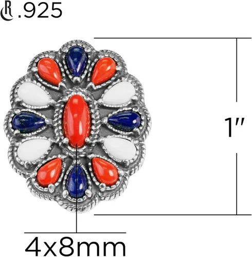 Vista 3 de American West Sterling Coral, Ágata, Lapislázuli - Anillo de racimo rojo, blanco y azul tamaños 5 a 10
