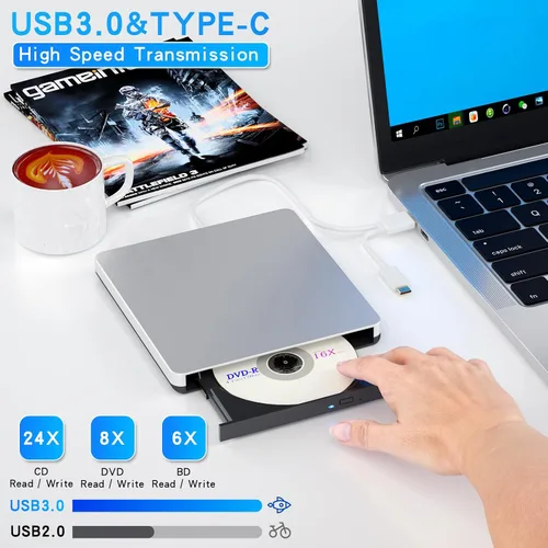 Vista 2 de Dainty Externo compatible con Bluray Drive Compatible con lectura DVD CD BD Drive, adecuado para USB 3.0 y puerto tipo C, Windows XP/7/8/10/11MacOS