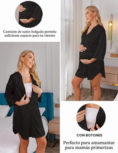 Vista 3 de Ekouaer Camisones de satén para mujer, ropa de dormir de seda con botones, manga 3/4, cuello en V, con bolsillos 01 Negro