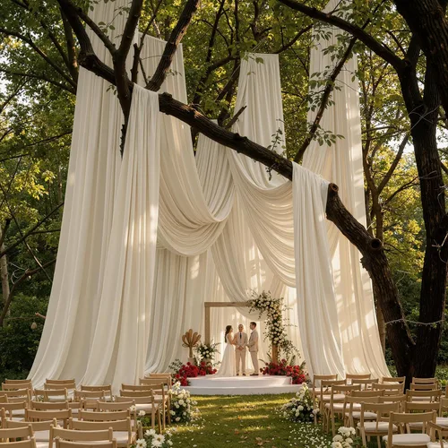 Vista 2 de Cortina de techo beige de 20 x 40 pies para bodas, 4 paneles sin arrugas, 40 pies de largo, cortinas drapeadas para bodas, cumpleaños y fiestas