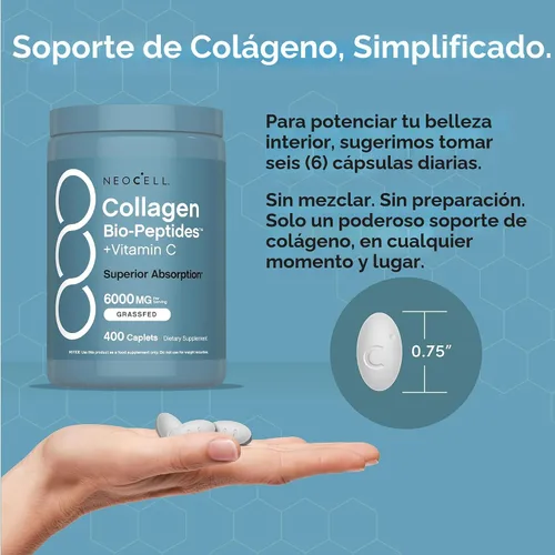 Vista 7 de NeoCell Péptidos de Colágeno de Ganado Alimentado con Pasto 400 Cápsulas Biopéptidos Tipos I y III con Vitamina C Fórmula de Absorción