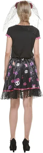 Vista 5 de FantastCostumes Disfraz del Día de los Muertos para mujer, disfraz de calavera de azúcar con velo de rosa