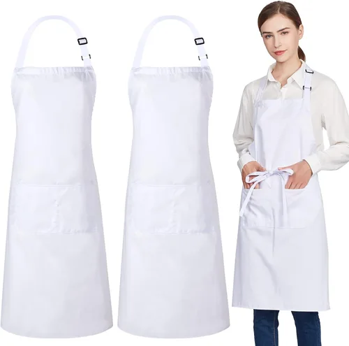 Vista 10 de Jubatus Paquete de 2 delantales 100% algodón con 2 bolsillos para cocinar, cocinero, delantal ajustable para mujeres y hombres, color beige