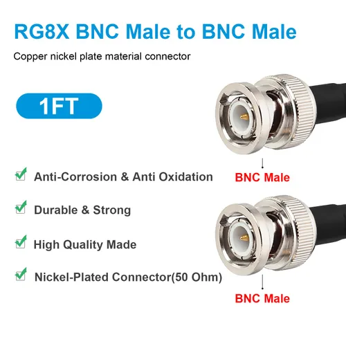 Vista 2 de MOOKEERF RG8X - Cable coaxial BNC macho a BNC macho de 1 pie, 2 piezas, 50 ohmios, pérdida ultra baja para antena, radio RF, módem, osciloscopio