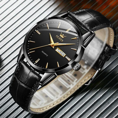Vista 4 de OLEVS Reloj para hombres cronógrafo marrón cuero oro caso analógico cuarzo moda negocios vestido grande hombres reloj día fecha luminoso impermeable