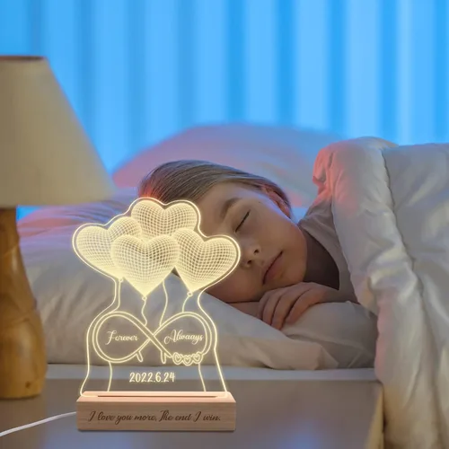 Vista 4 de Luz nocturna de ilusión 3D personalizada, lámpara de nombre personalizada, placa de luz acrílica con corazón LED, soporte grabado de madera