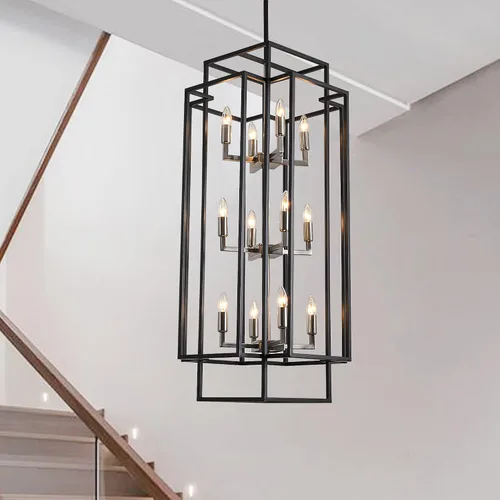 Vista 10 de Candelabro Negro de Granja, Candelabros Grandes para Techos Altos, Lámpara Colgante de Linterna Escalonada de 8 Luces, Accesorios de Iluminación