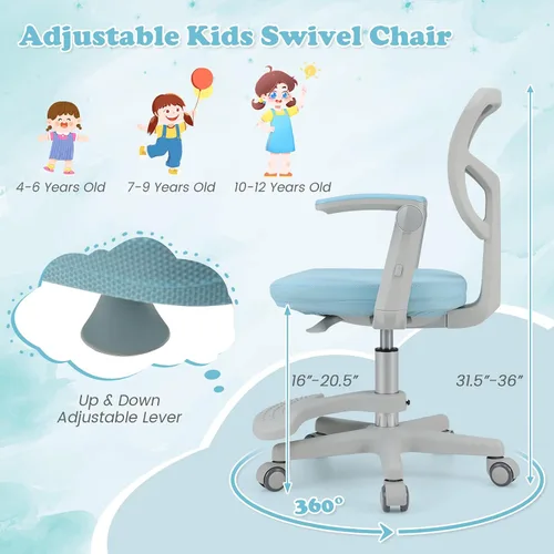 Vista 4 de Giantex Silla de escritorio para niños, silla rodante ergonómica ajustable con reposapiés y apoyabrazos abatibles, silla de oficina para niños