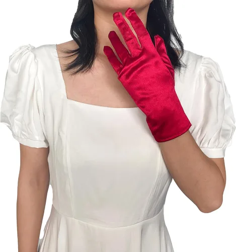 Vista 2 de Guantes cortos de ópera de satén, guantes formales de baile o boda para fiesta de té temática de los años 80 y 90 o baile nocturno WG-S-G1