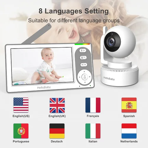 Vista 9 de HelloBaby Monitor de Bebé con Video de 4.3'' con Batería de 30 Horas, Monitor de Bebé con Pan-Tilt-Zoom Remoto Sin WiFi, Monitor de Bebé con Cámara
