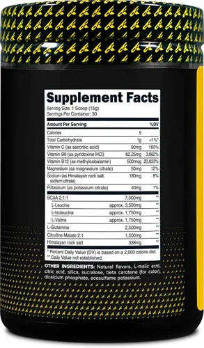 Vista 4 de Primaforce BCAA Polvo (piña mango) 30 porciones por envase – 2:1:1 BCAAs, bebida de recuperación después del entrenamiento con aminoácidos y sal