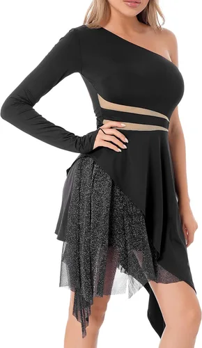 Vista 4 de JEATHA Vestido de baile latino asimétrico de manga larga para mujer, con un solo hombro