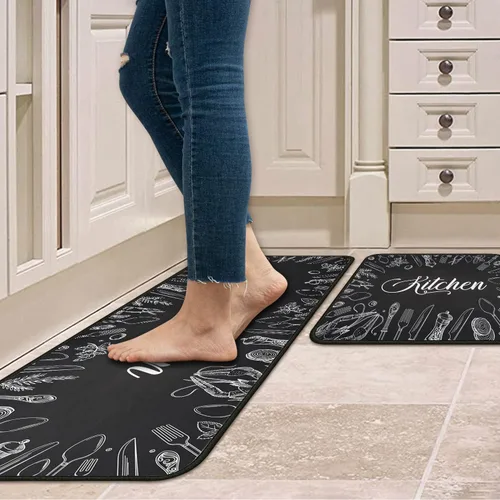 Vista 2 de Juego de 2 alfombras y tapetes de cocina antideslizantes, lavables, color negro, suaves, superabsorbentes, antifatiga, juego de tapetes de cocina