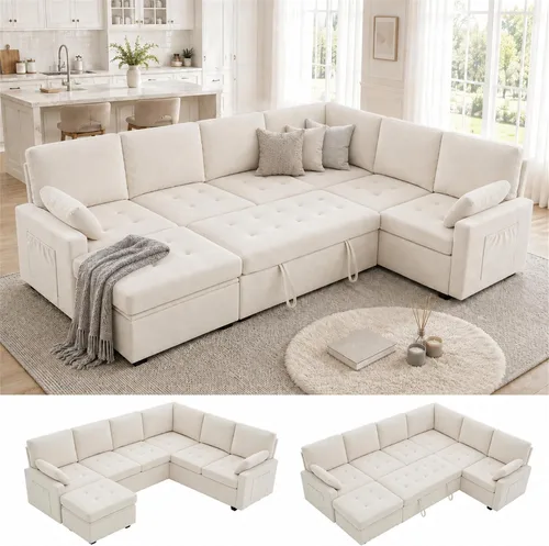 Vista 12 de Huatean Home Sofá extraíble de 82 pulgadas con almacenamiento, sofá cama, sofás modulares en forma de L de 5 asientos para sala de estar, felpilla