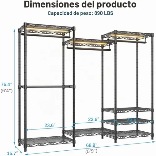 Vista 6 de VIPEK V5L Perchero para Ropa de Servicio Pesado con Luz LED Regulable, 3000K Blanco Cálido, Armario Ropero Portátil Independiente de Metal Percheros