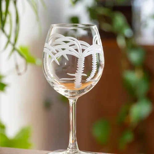 Vista 5 de Rolf Glass Copa de vino con globo de palmera, copas de vino tinto de 18 onzas, sin plomo, cristal grabado con rueda de diamante, diseño de palmera