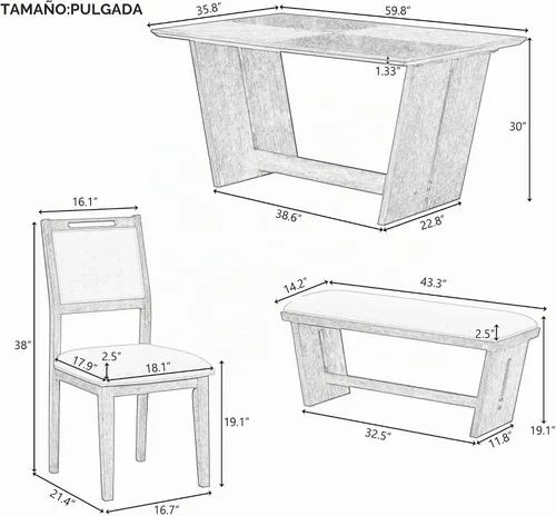 Vista 3 de Merax Juego de comedor retro de 6 piezas, 1 mesa rectangular con base de mesa trapezoidal estable y 4 sillas tapizadas y 1 banco para comedor