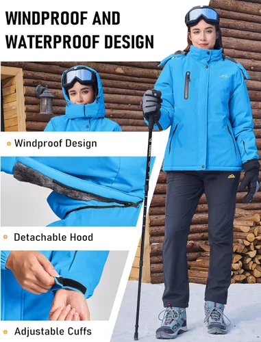 Vista 5 de MAGCOMSEN Abrigos de invierno para mujer, impermeables, aislados, para nieve, esquí, capucha, forro polar, cálido, montaña, snowboard, cortavientos