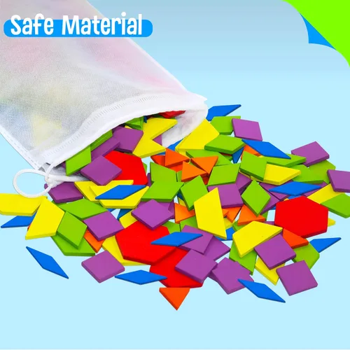 Vista 5 de 155 PIEZAS Juego de Bloques de Patrón de Madera, 24 Tarjetas de Diseño Doble Cara (48 Patrones) Rompecabezas de Forma Geométrica Divertido Tangram