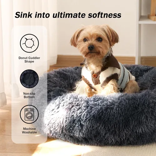 Vista 2 de NOYAL Cama Calmante en Forma de Rosquilla para Perros Pequeños a Medianos y Gatos - Cama de Mascotas de Felpa Sintética Anti-Ansiedad con Funda